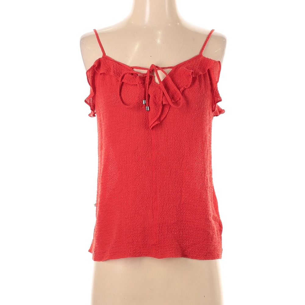 Ella Moss Red Orange Ruffled Neckline Adjustable Strap Sleeveless Blouse Sz S